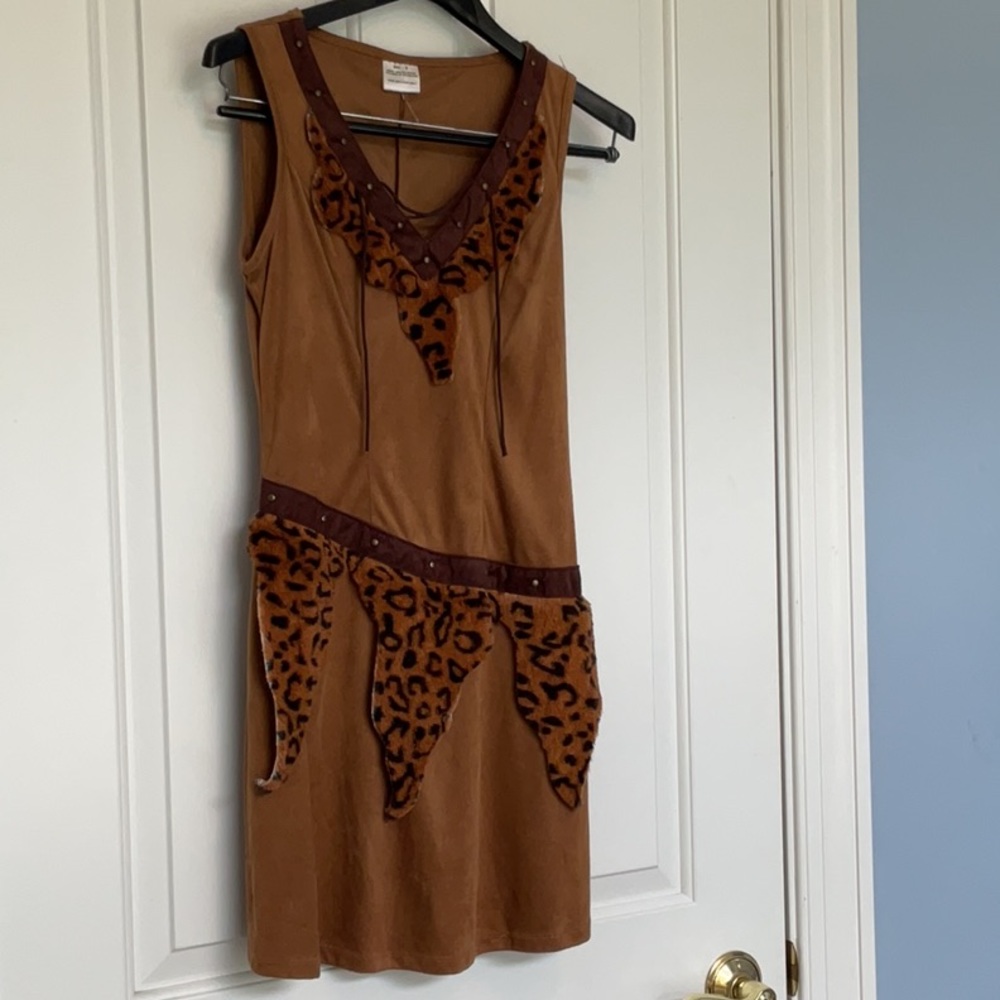 Brown Sleeveless Animal-Trim Dress by
